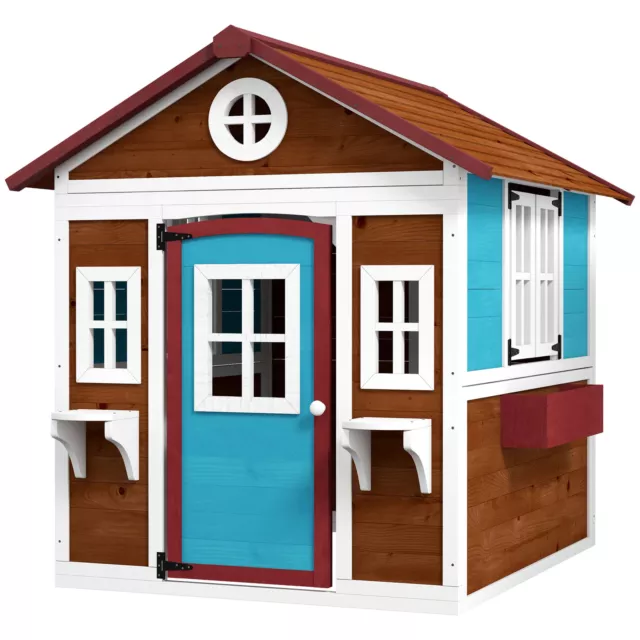 Outdoor Garden Wendy House Wooden Kids Play Cottage Blue Brown w/ Flower Pots jj