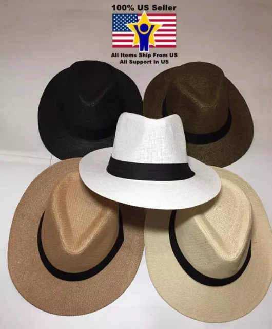 Women Men Brown Fedora Trilby Gangster Cap Summer Beach Sun Straw Panama Hat Bow