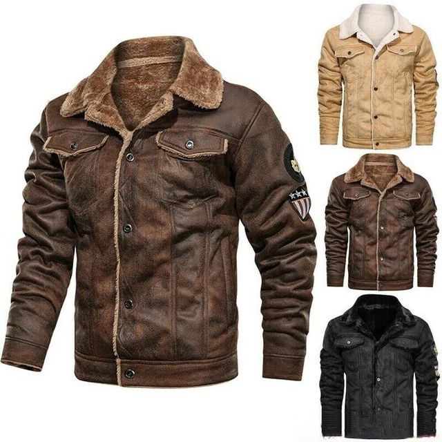 Mens Winter Fur Lined Cowboy Leather Jacket Warm Coat Lining Thick Coats Jacket