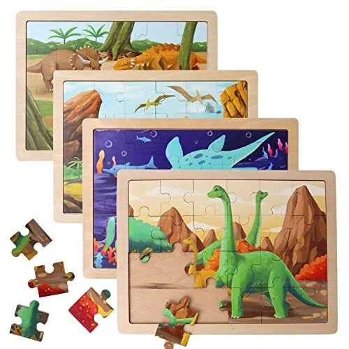BESTAMTOY Wooden Dinosaur Puzzles for Kids Ages 3-5.4 Packs 24 PCs Jigsaw Puz...