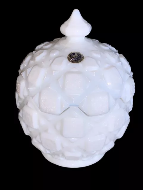 Vintage Westmoreland Old Quilt Patterned Milk Glass Candy Dish With Lid