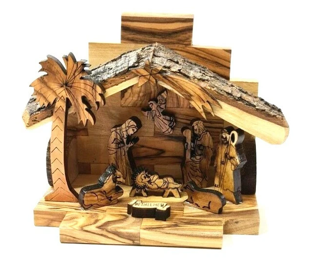 Bethlehem laser peel cave olive wood Christmas figure hand carved holy land gift