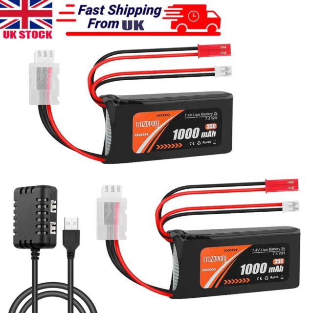 2X 2S 1000mAh 7.4V Lipo Battery SCX24 Batteries PH2.0 & JST Plug 2in1 USB RC Car