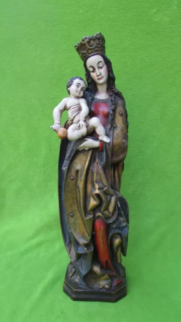 Antike Holzfigur Madonna Muttergottes mit Kind H 51,5 cm bemalt handgeschnitzt