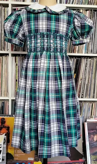 Abito Vintage Anni '80 Heskia Smockato A Mano Cintura Verde/Blu Tartan 6-7 Anni