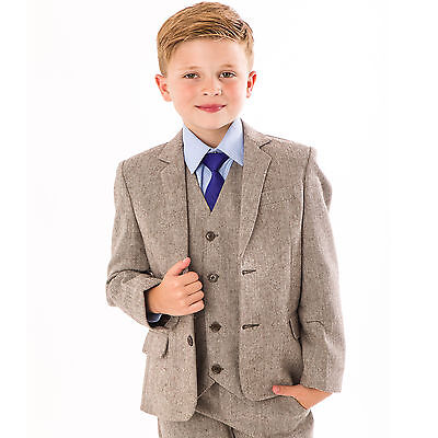 Boys Suits Wedding Suit 5pc Tweed Waistcoat Suit Page Boy Formal Party brown