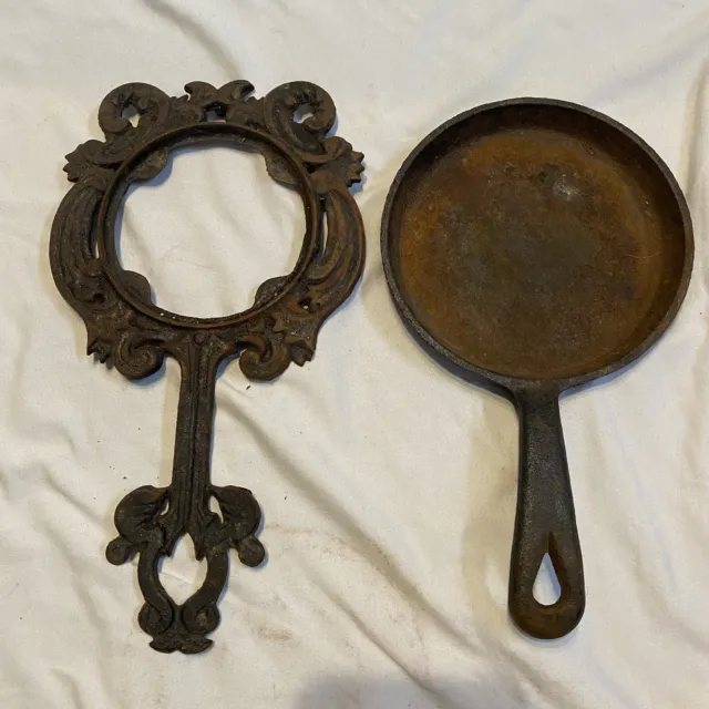 2 Pieces of Vintage Cast Iron: 5 in Frying Pan & Victorian Style Hot Plate