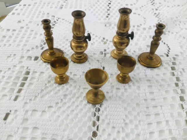 Dolls House Vintage Brass 2 oil Lamps 2 Candlesticks 3 Goblets