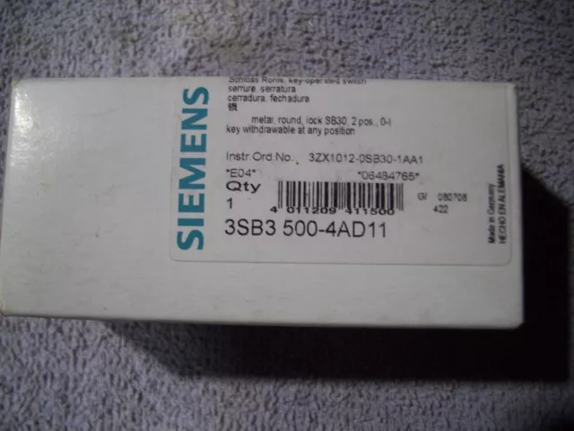 Brand New SIEMENS 2-POSITION MAINTAINED KEYED SELECTOR SWITCH 3SB3 500-4AD11