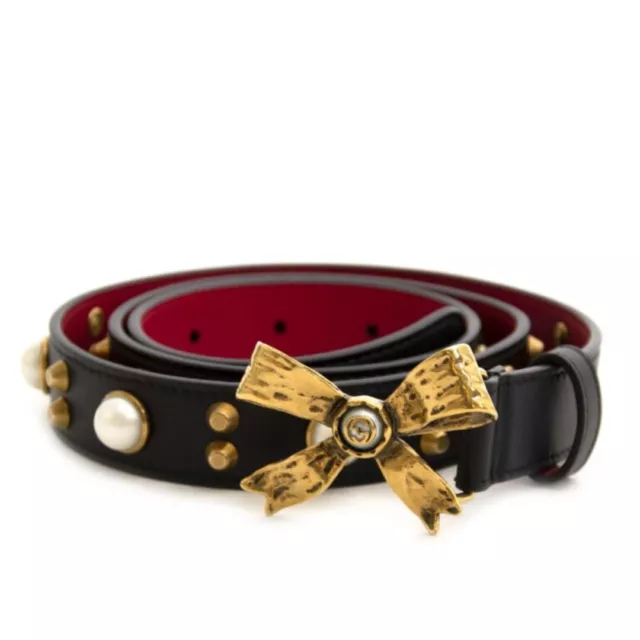 GUCCI STUDDED LEATHER Belt Metal Bow Hibiscus Red Black Belt Moon Pearl ...