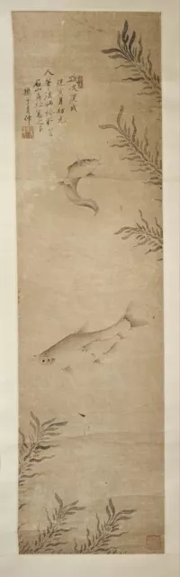 Old Qing Dynasty Original Authentic Chinese Fish Ink Painting Scroll 吳子青原作