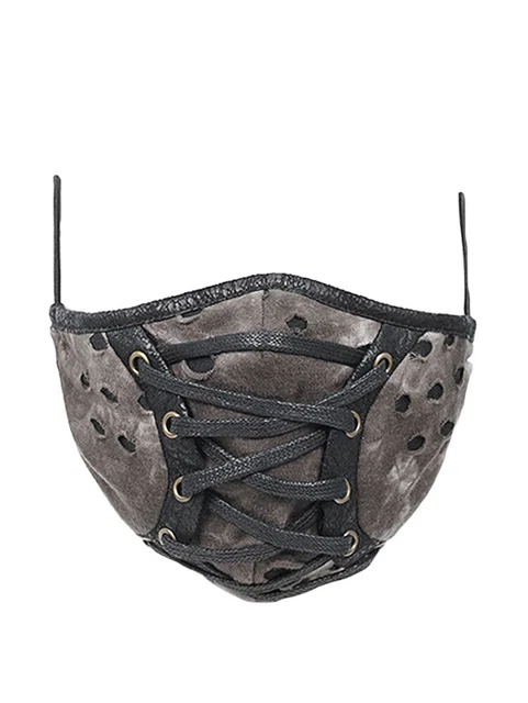 Masque marron, parties faux cuir noir et laçage, steampunk postapo, Devil Fashio