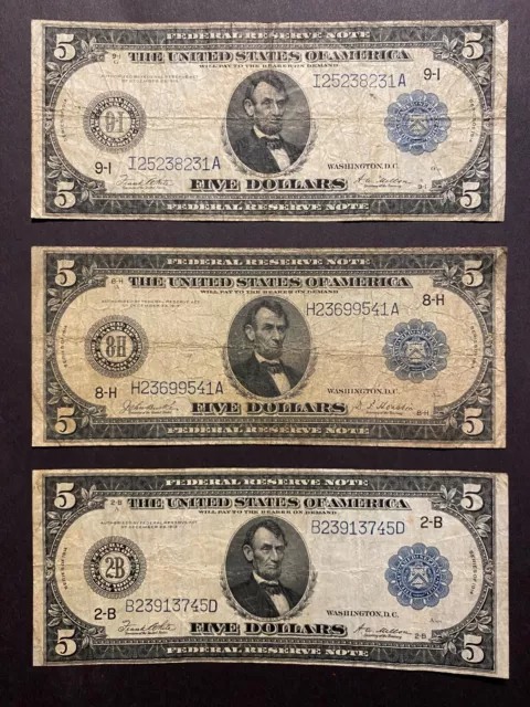 1914 $5 Large Size Five Dollar Notes ✯ FRN Blue Seal Estate Lot Rare ✯