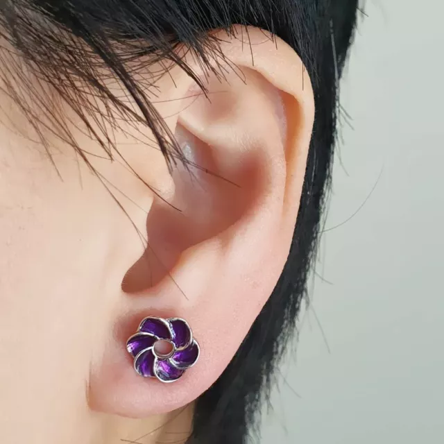 Shiny 925 Sterling Silver Cute Purple Enamel Flower Stud Earrings Women Gift UK 2