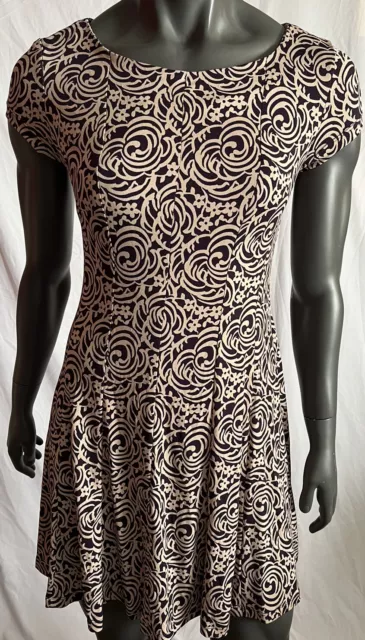 Connected Women's Cap-Sleeve Knit  Fit/Flare Dress Size 6 DeepPurple/Cream Print