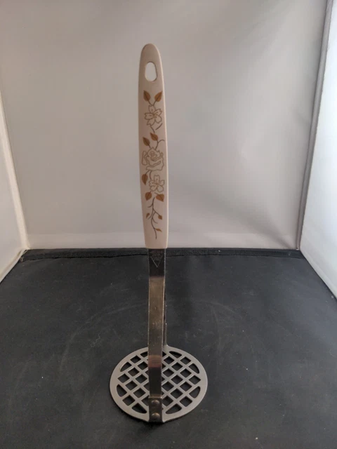Vintage House Hold Potato Hand Masher Stainless Steel Brown floral Handle Japan
