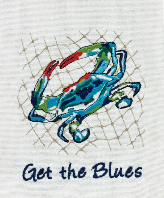 Get The Blues Crab in Netting  Embroidered Kitchen Dish Towel 28 Inch Cotton