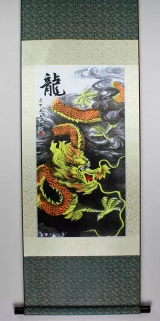 Chinesisches Rollbild Drache, Druck auf feinem Stoff, 135 cm Bildrolle