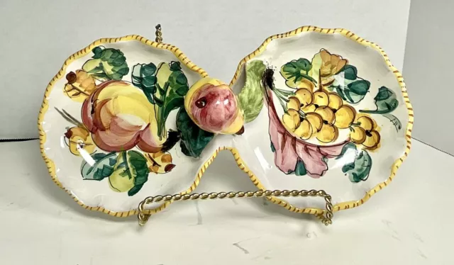 Vtg Majolica Divided Serving Dish Hand Painted in Italy