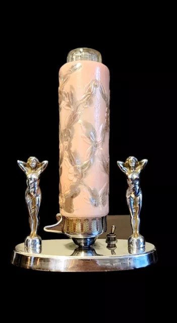 Antique Art Deco Nouveau Chrome Standing Lady Lamp W A Pink Art Deco Glass Shade