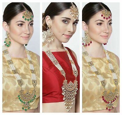 Indian Bollywood Gold Tone Kundan Pearl Rani Haar Necklace Earrings Set Jewelry