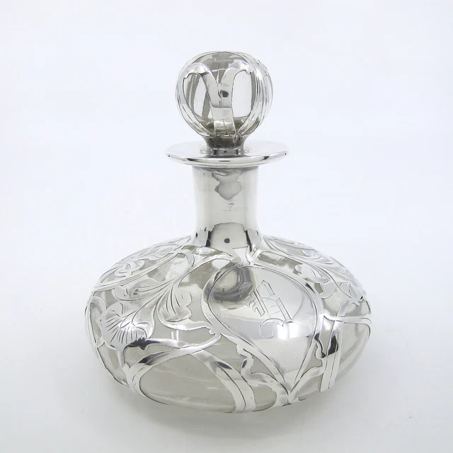 Silver Overlay Glass Perfume Scent Bottle Flask w Stopper MONO "B" SOLD AS IS