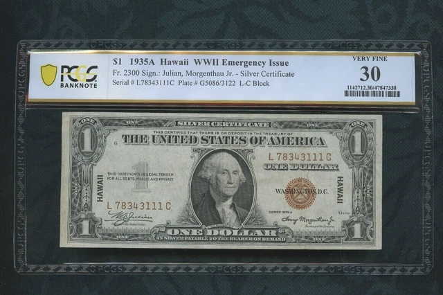 1935A Hawaii WWII Emergency Issue  $1 dollar Fr # 2300 PCGS 30