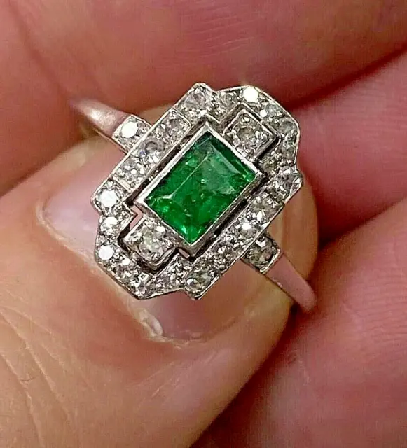 Art Deco Green Emerald & Lab Created Diamond Wedding 14Ct White Gold Filled Ring