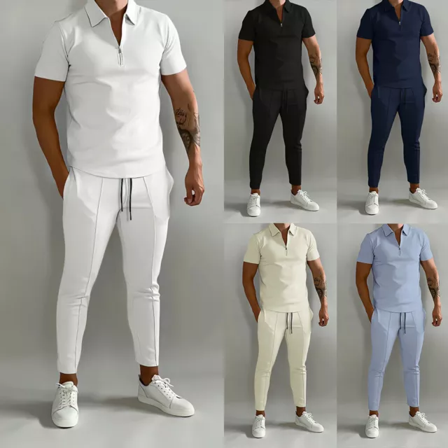 Mens Summer Co-ord Set Short Sleeve Zipper Shirts Long Pants Tracksuit Outfits