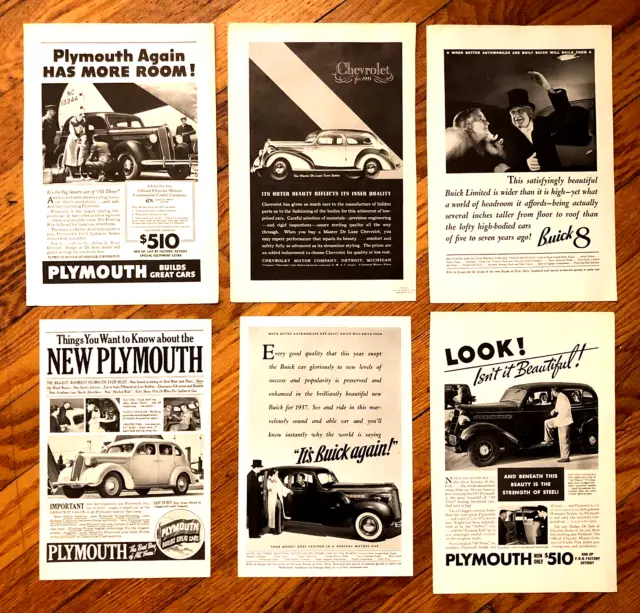 SET OF 6 VINTAGE 1930s AUTOMOBILE MAGAZINE PRINT ADS—PLYMOUTH BUICK CHEVROLET