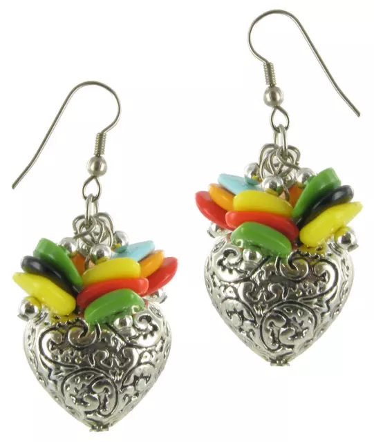 Multi Color Beaded Colorful Textured Silver Heart Dangle Earrings - Choice