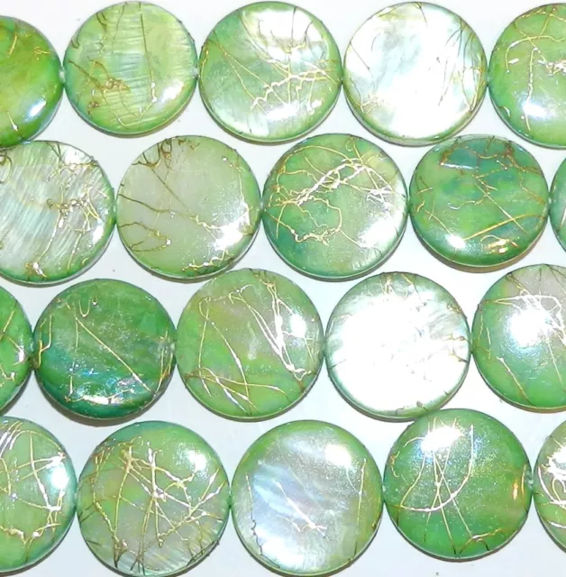 MP477 Green w Gold Drizzle Drawbench 20mm Round Mother of Pearl Shell Beads 15"