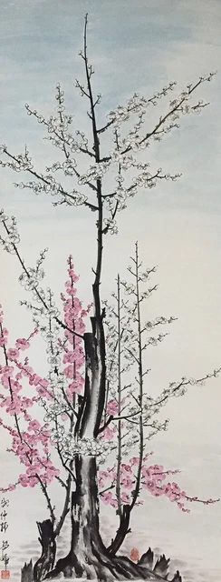 G0364 Japonés Vintage Colgante Rollo Kakejiku Mano Pintura Rosa Flor Ume Singed