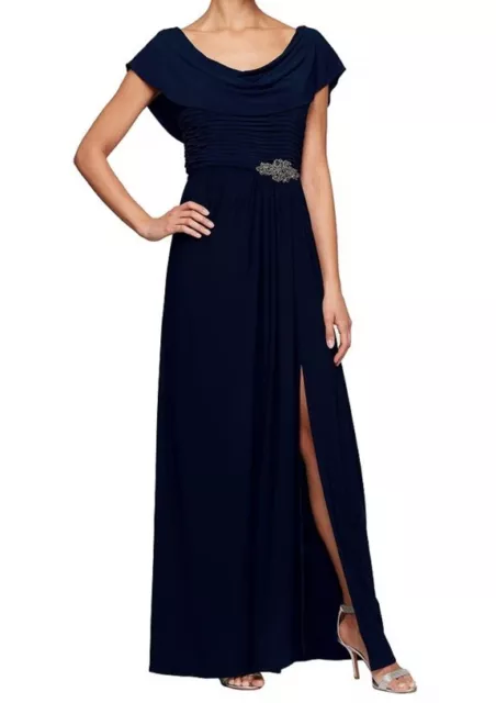 ALEX EVENINGS Cowl Neck Beaded Waist Dress GOWN SIZE NAVY NEW $199