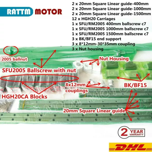 （EU）SFU2005-400/1000/1500mm Ballscrew Kit&BK/BF15+ 20mm Square Linear guide Rail