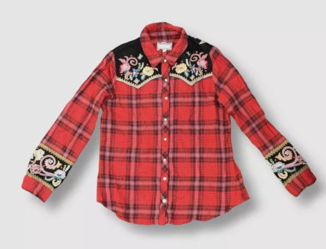 $226 Johnny Was Women's Red Western Embroidered Plaid Button-up Shirt Top Size M