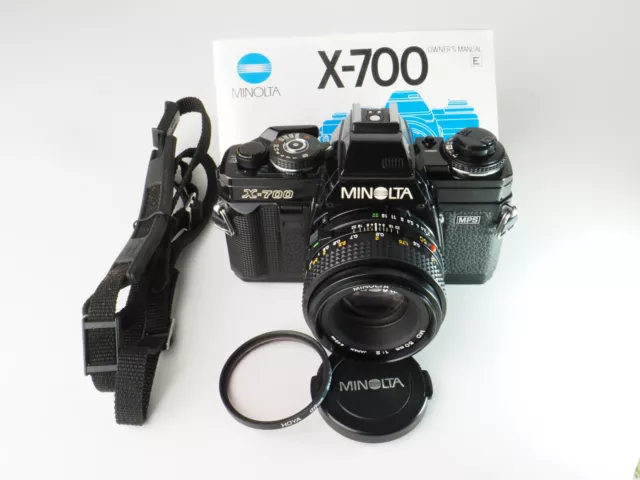 GOOD, TESTED Minolta X-700 w/MD 50mm F/2+manual+lens cap+Sky1B+ strap+batteries