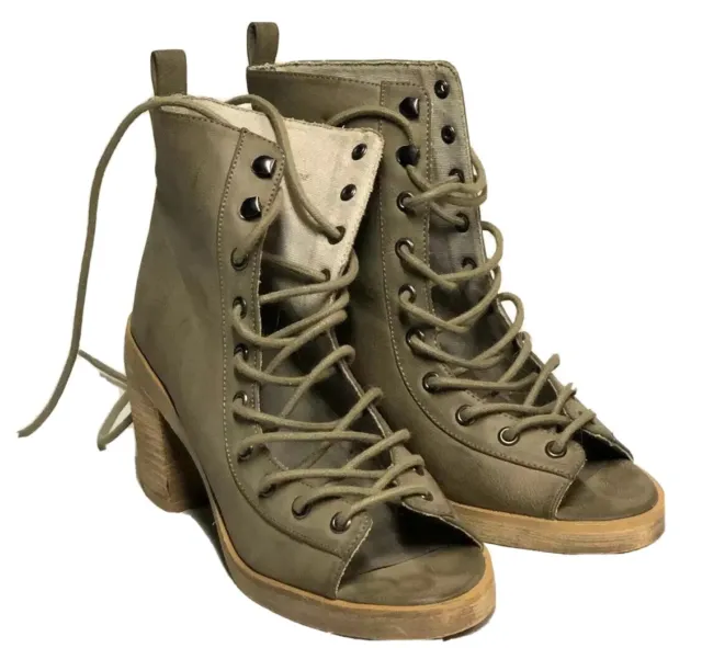 Deena & Ozzy Synthetic Olive Open Toe Open Lace-up Block Heel Boots US 6