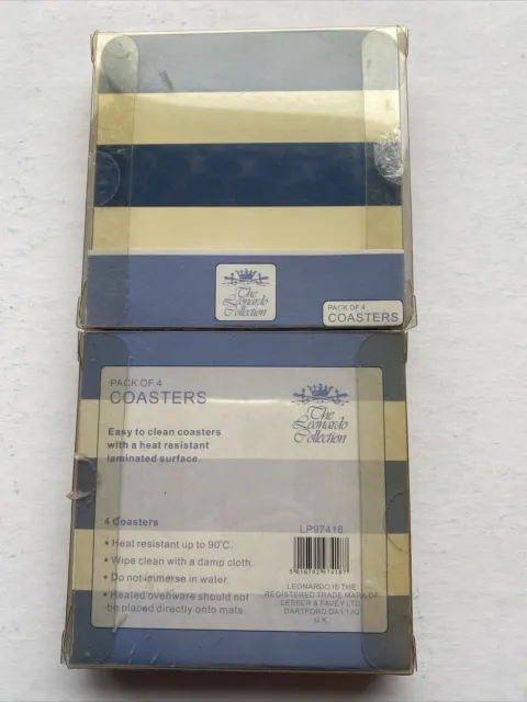 Two Boxes Of Four Coasters Cornish ware Blue And Ivory Stripe Leonardo BNWT
