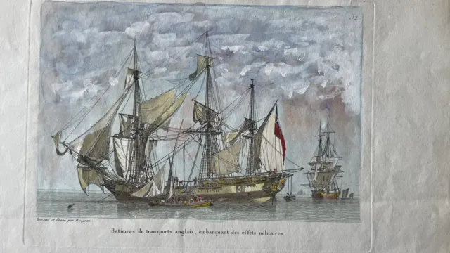 Gravure marine XIX de Jean-Jérôme Beaugean bâtiments de transports anglais