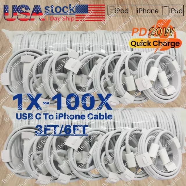 100X Wholesale Lot 20W USB C To iPhone Cable For Apple 14/13/12/11 PD Fast Cord
