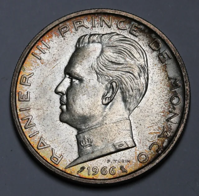 1966 Monaco Silver 5 Francs Coin Rainier III KM# 141 Low Mintage 125k