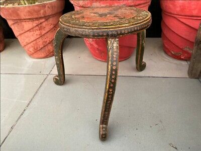 Antique Wood Painted Bikaner State Round Beautiful Table Stool Rich Patina 8