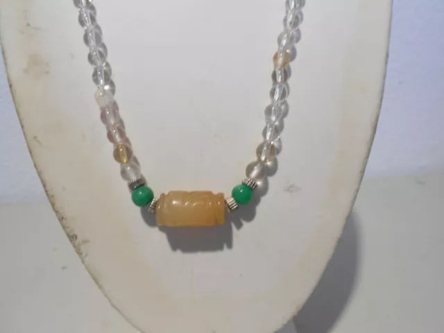geschnitzt gelb Nephrit Jadefass auf Kristallperlen Halskette / Silberverschluss 2