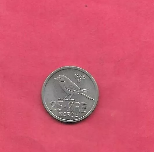 Norway Norwegian Km407 1963 Uncirculated-Unc Mint Old Vintage 25 Ore Bird Coin