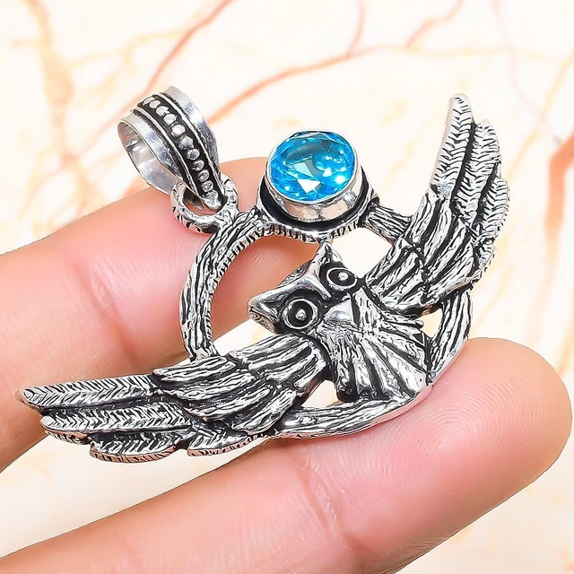 Swiss Blue Topaz Gemstone Handmade Gift Jewelry Pendant 1.58" N414