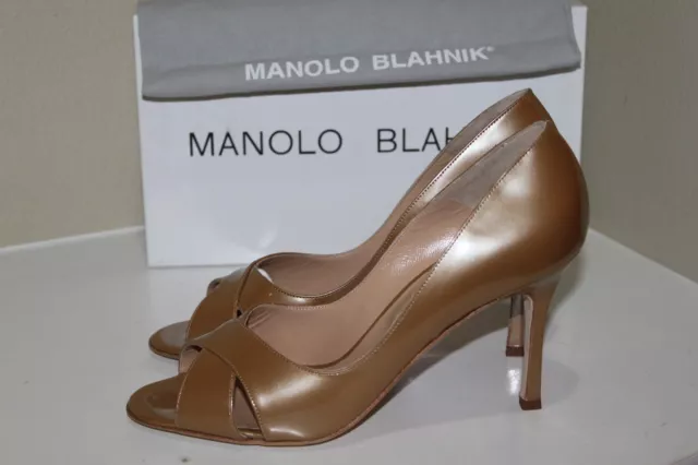 NEW MANOLO BLAHNIK Puspapi Crisscross Gold Patent Leather Pump Shoes sz ...
