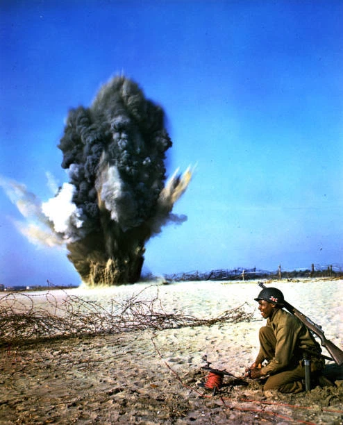 HUGE CLOUD SMOKE sand shoots upward Engineers 92nd Division explod- Old ...