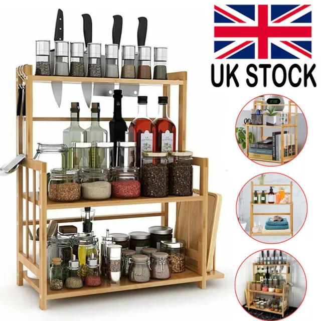 3 Tier Kitchen Spice Rack with Knife Holder Organiser Sauce Bottle Stand Wooden