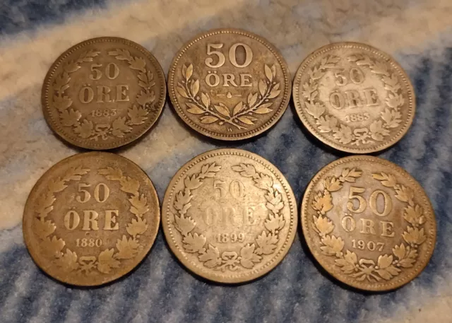Suède : lot 6 piece de 50 ore argent Oscar II 1880, 1883, 1899, 1907 & 1911